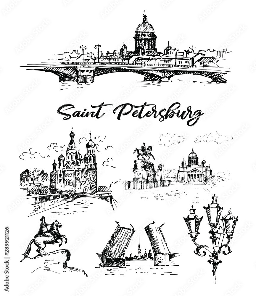 Hand drawn different landmarks of Saint Petersburg. Sketches on white background.