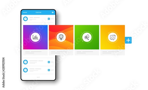 Diagram graph, Air balloon and Water analysis line icons set. Interface carousel. Smile chat sign. Presentation chart, Sky travelling, Aqua bacteria. Happy face. Business set. Vector