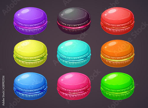 Macaron illustration. Cartoon colorful macaroons set. Vector meringue cookies icons.