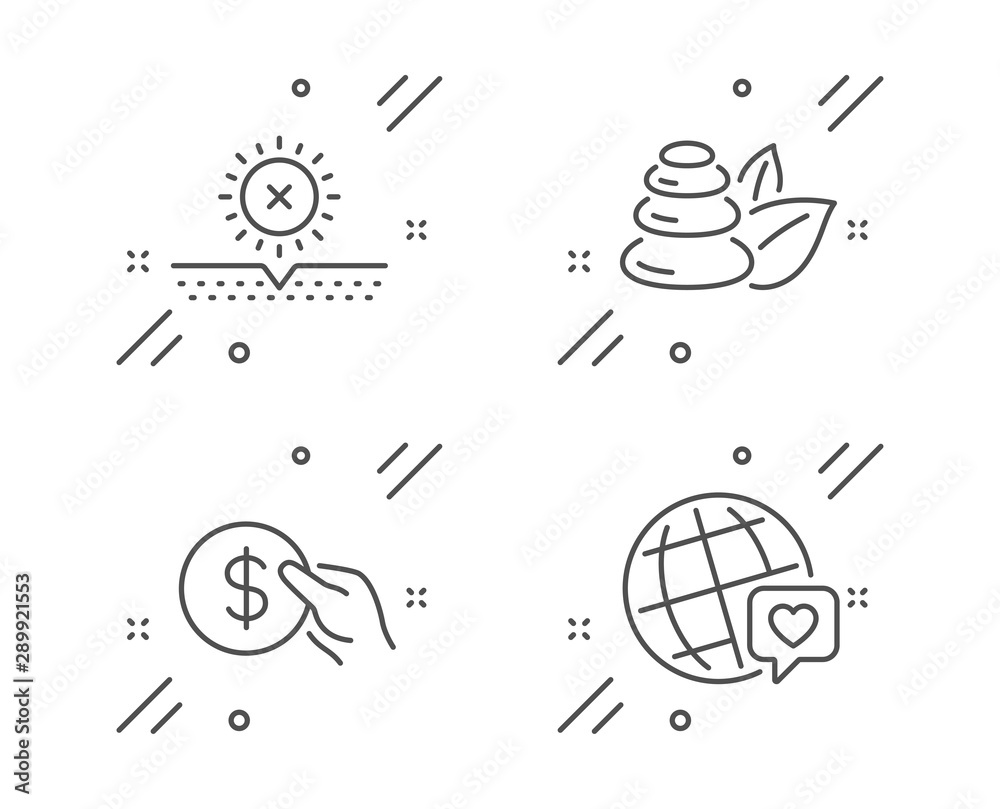 Fototapeta premium Spa stones, Payment and No sun line icons set. World brand sign. Bath, Usd coin, Uv protect. Love. Business set. Line spa stones outline icon. Vector