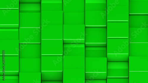 Grid of green cubes. Medium shot. 3D computer generated background image.