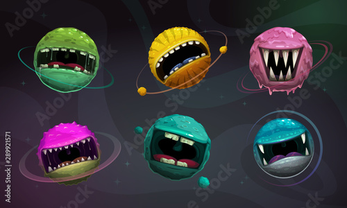 Crazy colorful monster balls. Cartoon fantasy scary planets with giant scary mouths on cosmic background.