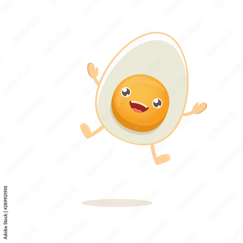 vector funny cartoon cute smiling tiny boiled egg character isolated on white background. Morning food flat funky character on white