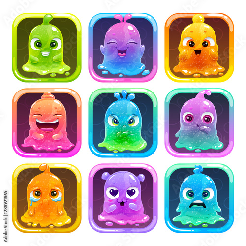 Cute cartoon colorful slimy characters in the square frames. Slime game logo set.