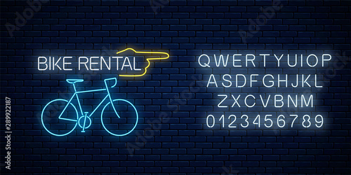 Bicycle rent glowing neon sign with pointer finger and alphabet. Bike rental symbol in neon style.