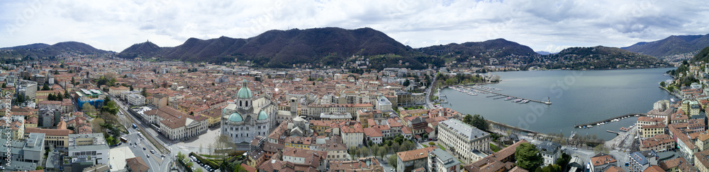 Aerial photo shooting with drone on Como, famous Lombardia city on the Como Lario Lake