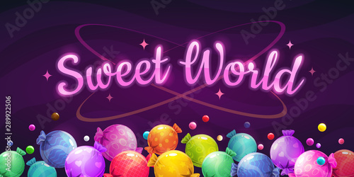 Sweet world background. Colorful horizontal banner with bright caramel candies.