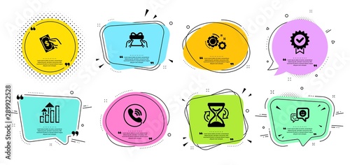 Hourglass, Analysis graph and Smile line icons set. Chat bubbles with quotes. Call center, Give present and Pay money signs. Gears, Certificate symbols. Sand watch, Targeting chart. Vector