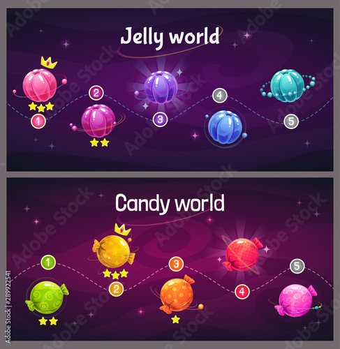 Ingame level up progress screen. Cosmic map with jelly and candy planets.