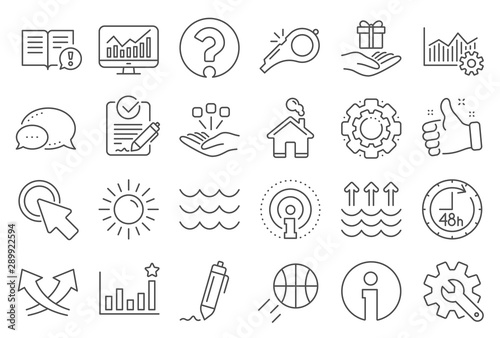 Waves, sun, efficacy line icons. Customisation, Global warming, Question mark icons. Signature Rfp, Information, Efficacy. Waves, Consolidation, Operational excellence. Question mark, whistle. Vector