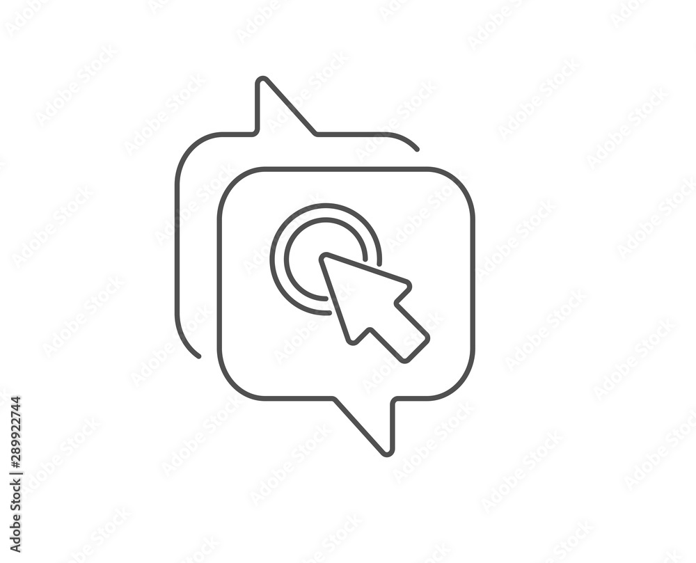 Click here line icon. Chat bubble design. Push the button sign. Web cursor symbol. Outline concept. Thin line click here icon. Vector Click here line icon. Chat bubble design. Push the button sign. Web cursor symbol. Outline concept. Thin line click here icon. Vector