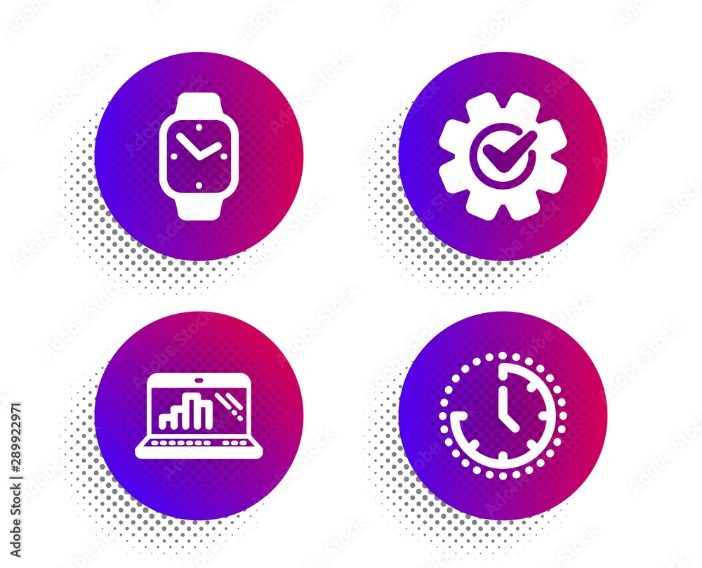 Graph laptop, Cogwheel and Smartwatch icons simple set. Halftone dots button. Time sign. Mobile report, Engineering tool, Digital time. Clock. Technology set. Classic flat graph laptop icon. Vector