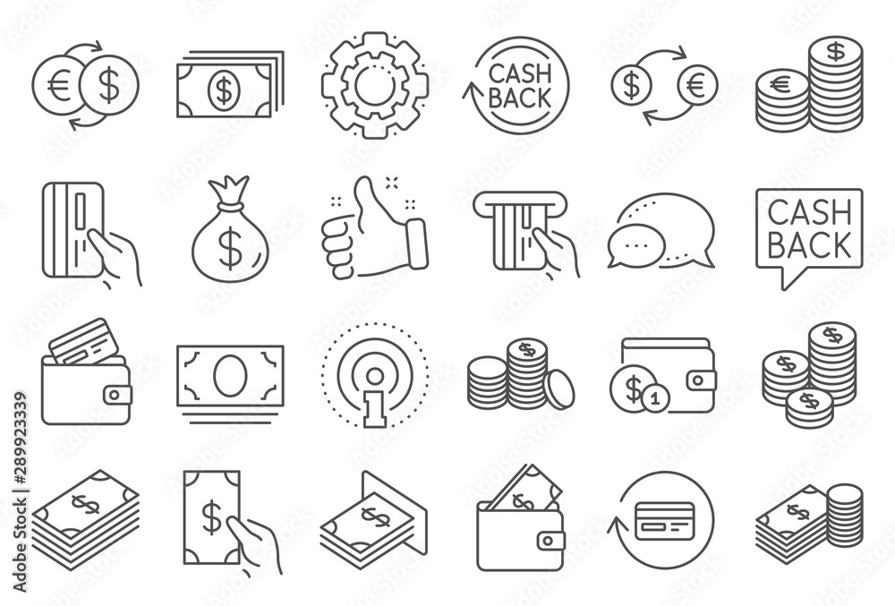 Money line icons. Set of Banking, Wallet and Coins icons. Credit card, Currency exchange and Cashback money service. Euro and Dollar, Cash wallet, exchange. Banking credit card, atm payment. Vector - obrazy, fototapety, plakaty 