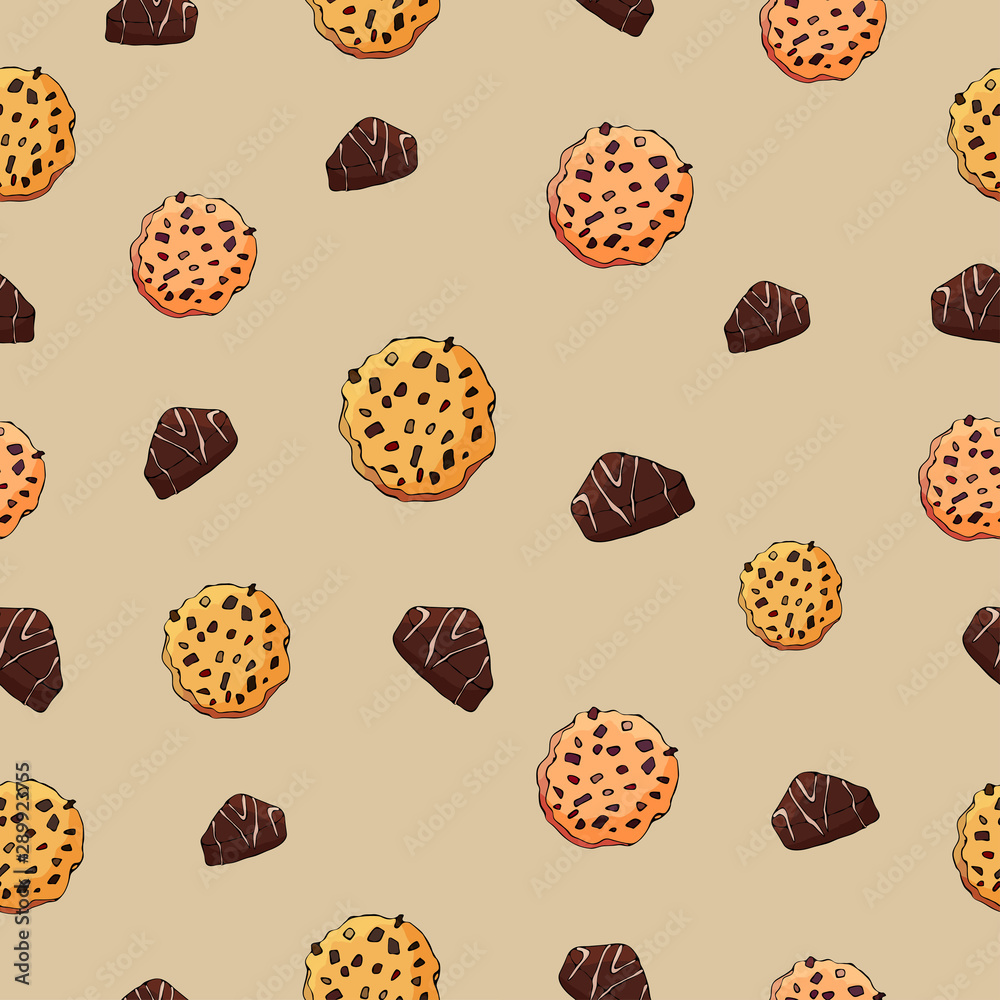Tasty cookies and chocolate candies with glaze. Decorative sweet seamless pattern on beige background Tasty cookies and chocolate candies with glaze. Decorative sweet seamless pattern on beige background