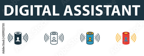 Digital Assistant icon set. Four simple symbols in diferent styles from smart home icons collection. Creative digital assistant icons filled, outline, colored and flat symbols