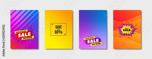 Save up to 60%. Cover design, banner badge. Discount Sale offer price sign. Special offer symbol. Poster template. Sale, hot offer discount. Flyer or cover background. Coupon, banner design. Vector