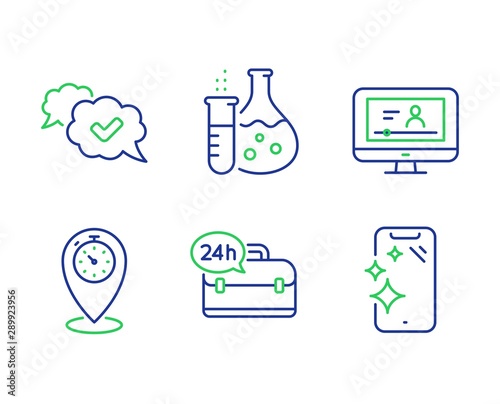 Chemistry flask, Timer and 24h service line icons set. Approved, Online video and Smartphone clean signs. Laboratory, Location pointer, Support. Comic message. Technology set. Vector