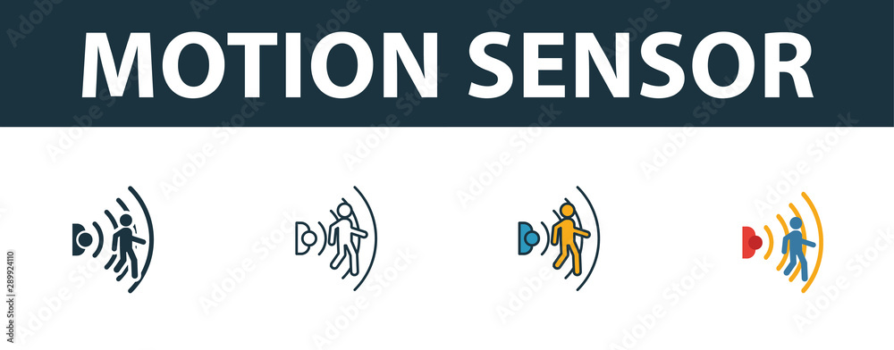 Motion Sensor icon set. Four simple symbols in diferent styles from smart home icons collection. Creative motion sensor icons filled, outline, colored and flat symbols - obrazy, fototapety, plakaty 