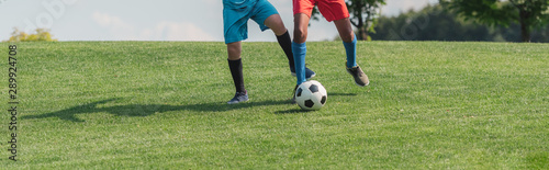 Fototapeta Naklejka Na Ścianę i Meble -  panoramic shot of multicultural children playing football on grass
