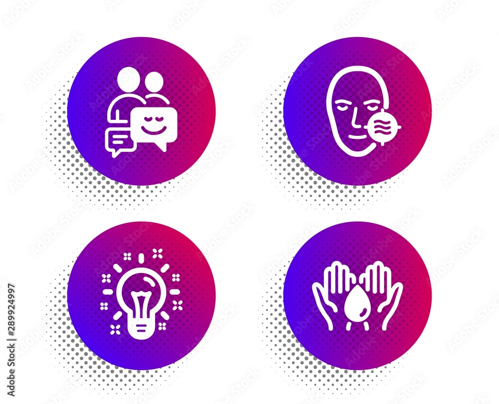 Idea, Problem skin and Communication icons simple set. Halftone dots button. Safe water sign. Creativity, Facial care, Business messages. Hold drop. Business set. Classic flat idea icon. Vector