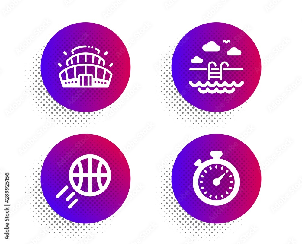 Basketball, Swimming pool and Arena stadium icons simple set. Halftone dots button. Timer sign. Sport ball, Basin, Competition building. Stopwatch gadget. Sports set. Vector