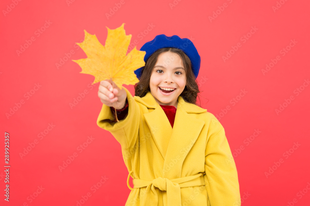 So beautiful. school time. childhood happiness. parisian girl child in french beret and yellow coat. happy little girl with maple leaf. fall season. fallen leaves bunch. autumn kid fashion So beautiful. school time. childhood happiness. parisian girl child in french beret and yellow coat. happy little girl with maple leaf. fall season. fallen leaves bunch. autumn kid fashion