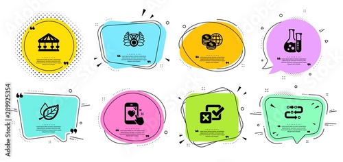 Leaf, Carousels and Chemistry lab line icons set. Chat bubbles with quotes. World money, Methodology and Checkbox signs. Laureate medal, Heart rating symbols. Nature leaves, Attraction park. Vector