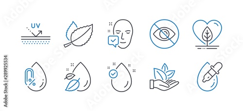 Set of Healthcare icons, such as Local grown, Face accepted, Uv protection, Not looking, Mint leaves, Organic product, Water drop, No alcohol, Vitamin e, Eye drops line icons. Vector