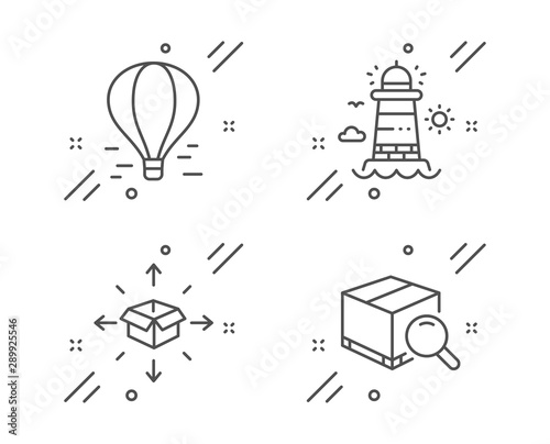 Parcel delivery, Air balloon and Lighthouse line icons set. Search package sign. Logistics service, Flight travel, Beacon tower. Tracking service. Transportation set. Vector