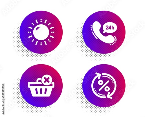 24h service, Delete purchase and Sun energy icons simple set. Halftone dots button. Loan percent sign. Call support, Remove from basket, Solar power. Change rate. Business set. Vector