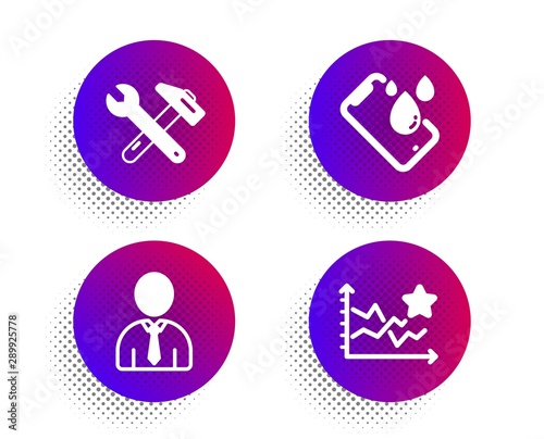 Smartphone waterproof, Spanner tool and Human icons simple set. Halftone dots button. Ranking stars sign. Phone, Repair, Person profile. Winner results. Business set. Vector