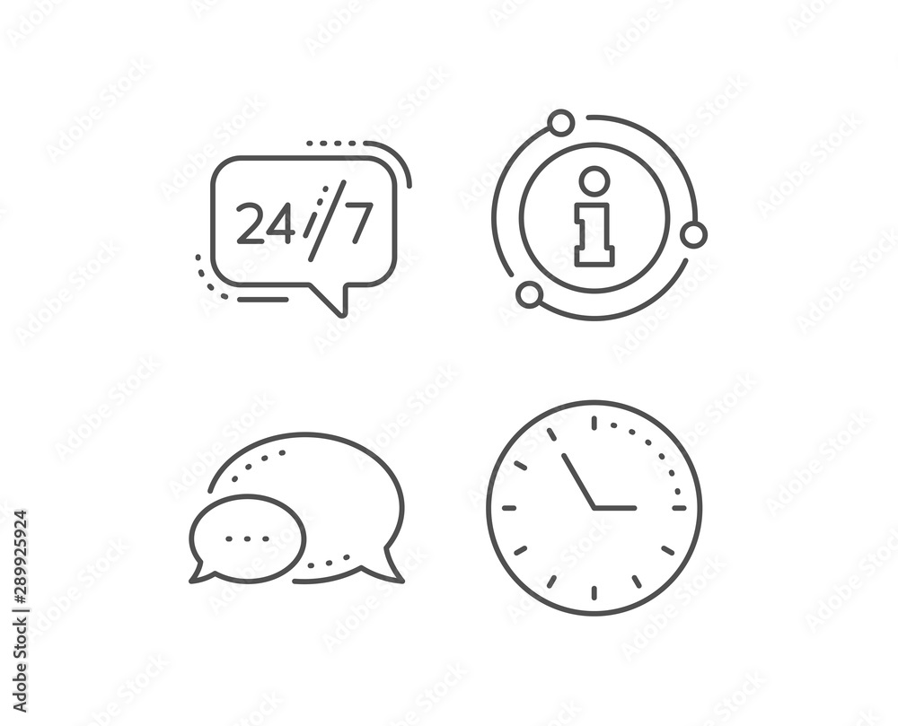 24/7 service line icon. Chat bubble, info sign elements. Call support sign. Feedback chat symbol. Linear 24/7 service outline icon. Information bubble. Vector 24/7 service line icon. Chat bubble, info sign elements. Call support sign. Feedback chat symbol. Linear 24/7 service outline icon. Information bubble. Vector