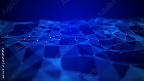 Abstract digital background. Space filled with polygons and dots. 3D wave.