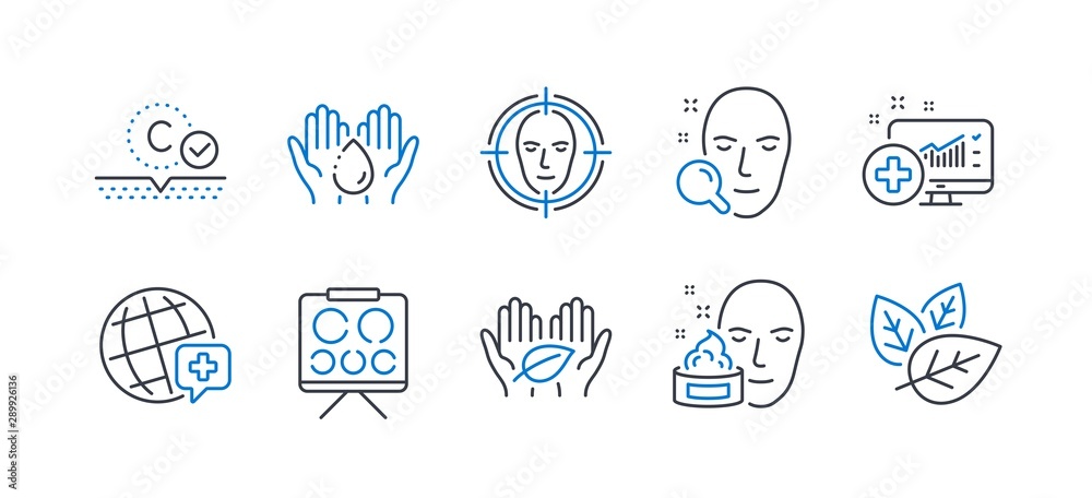 Set of Healthcare icons, such as Face search, Face cream, Vision board, Wash hands, Fair trade, Collagen skin, World medicine, Medical analytics, Organic tested line icons. Find user, Gel. Vector Set of Healthcare icons, such as Face search, Face cream, Vision board, Wash hands, Fair trade, Collagen skin, World medicine, Medical analytics, Organic tested line icons. Find user, Gel. Vector