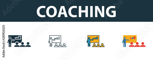 Coaching icon set. Four simple symbols in diferent styles from soft skills icons collection. Creative coaching icons filled, outline, colored and flat symbols