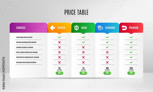 Left arrow, 24 hours and Eye protection icons simple set. Pricing table, price list. Undo sign. Direction arrow, Repeat, Optometry. Left turn. Business set. Comparison table with price. Vector