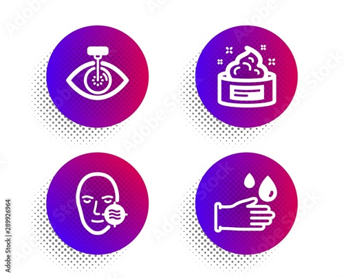 Problem skin, Eye laser and Skin cream icons simple set. Halftone dots button. Rubber gloves sign. Facial care, Optometry clinic, Medical cosmetic. Hygiene equipment. Medical set. Vector