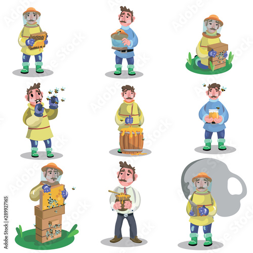 Beekeeper in special clothing with honeycobms set