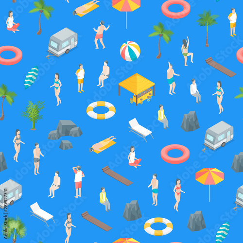 Beach Rest Concept Seamless Pattern Background 3d Isometric View. Vector