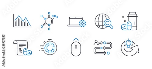 Set of Science icons, such as Investment graph, International Ð¡opyright, Chemical formula, Seo timer, Journey path, Medical prescription, Swipe up, Medical drugs, Notebook service. Vector