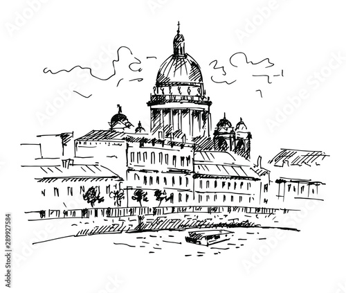 St. Isaac's Cathedral across Moyka river, Saint-petersburg, Russia. Vector illustration. Sketch.
