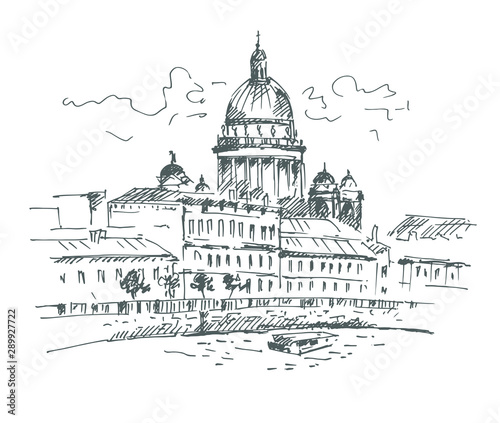 St. Isaac's Cathedral across Moyka river, Saint-petersburg, Russia. Vector illustration. Sketch.