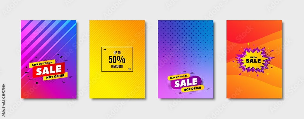 Up to 50% Discount. Cover design, banner badge. Sale offer price sign. Special offer symbol. Save 50 percentages. Poster template. Sale, hot offer discount. Flyer or cover background. Vector
