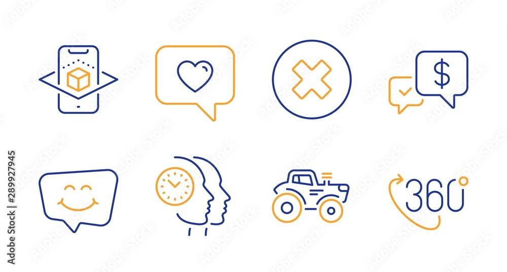 Payment received, Close button and Smile chat line icons set. Love message, Augmented reality and Time management signs. Tractor, 360 degree symbols. Money, Delete or decline. Technology set. Vector Payment received, Close button and Smile chat line icons set. Love message, Augmented reality and Time management signs. Tractor, 360 degree symbols. Money, Delete or decline. Technology set. Vector