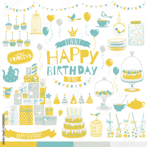Birthday set. Vector elements in hand-drawn style. The limited stylish pastel palette is ideal for printing on fabric and paper. Cakes  gifts  caps  balls  etc.