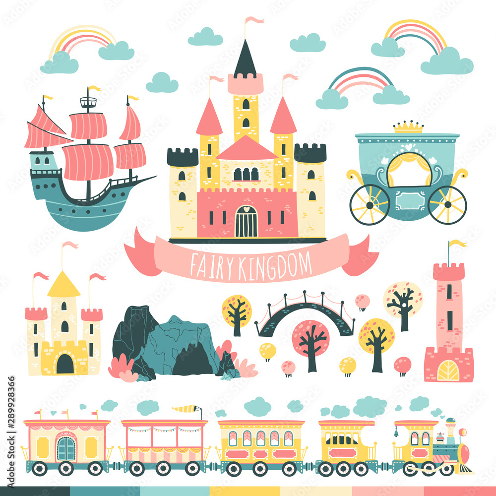 Princesses Fairytale Kingdom Set. Castles, ford, tower, train, carriage, ship, bridge, etc. Vector illustration in simple scandinavian style