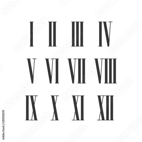 Twelve narrow roman numeral vector set for roman clock. Isolated illustration on white background