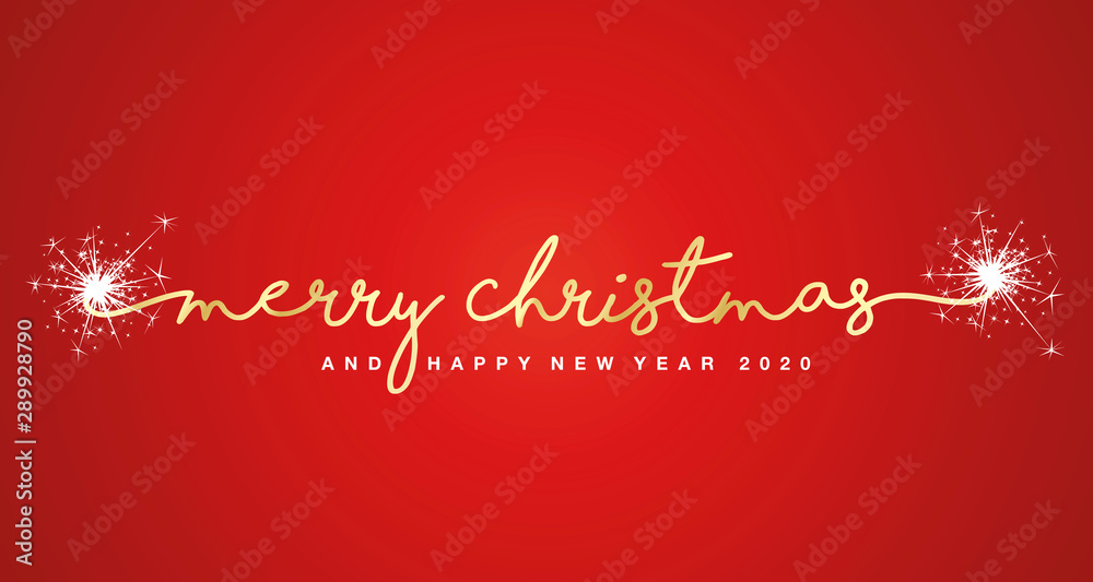 Merry Christmas and Happy New Year 2020 handwritten lettering tipography sparkle firework white red background