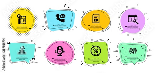24h service, Medical calendar and Parking payment line icons set. Chat bubbles with quotes. Loan percent, Roller coaster and Employee hand signs. Video file, Speaker symbols. Vector
