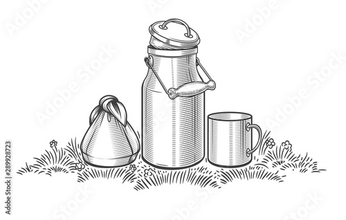 Milk can on grass sketch